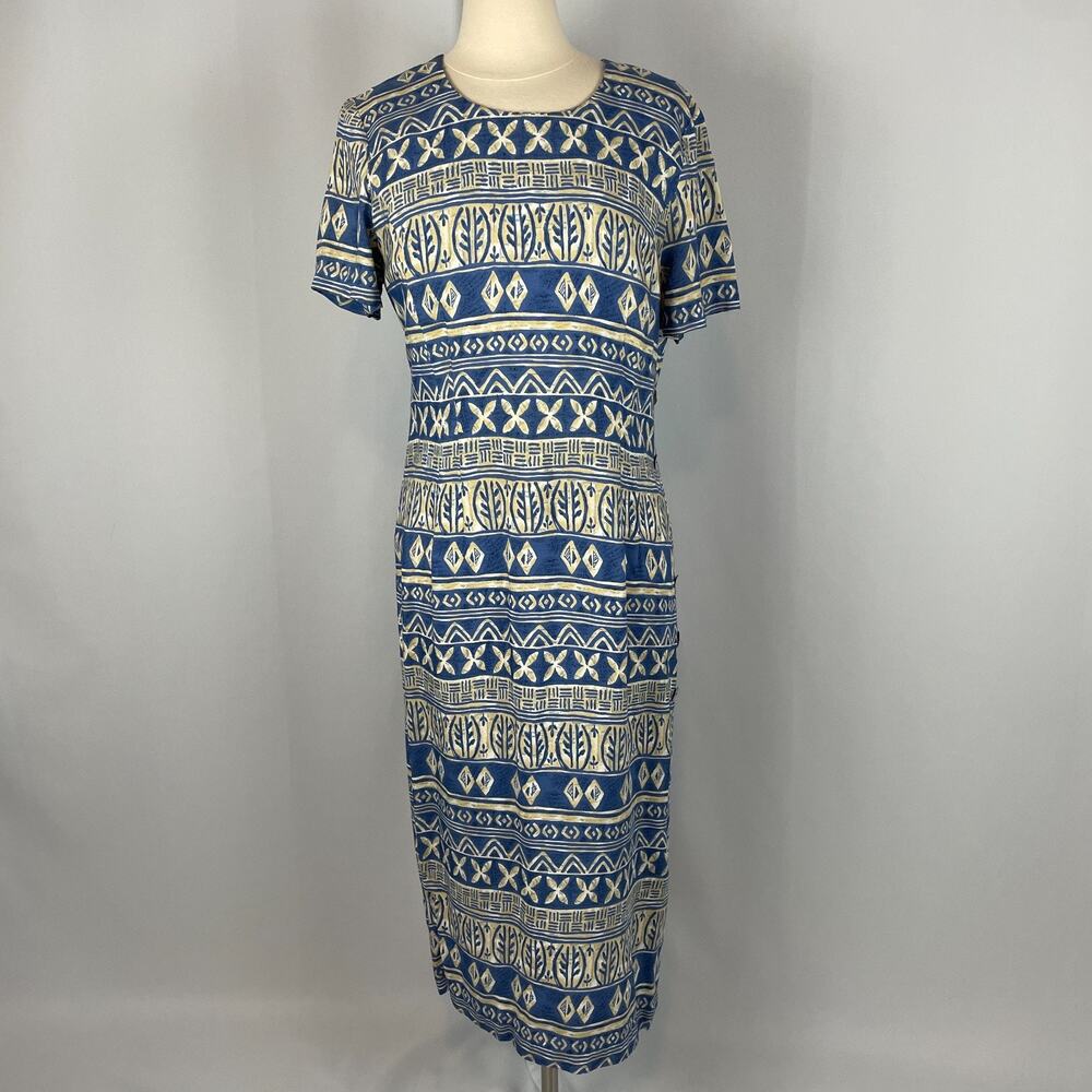 Vtg Midi Dress Size 10 Blue Cream Boho Tribal Short Sleeve Casual Festival 90s